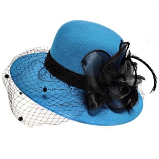 英伦赫本礼帽大檐毛毡毛呢帽子秋冬宴会女士韩版网纱花朵时装帽潮