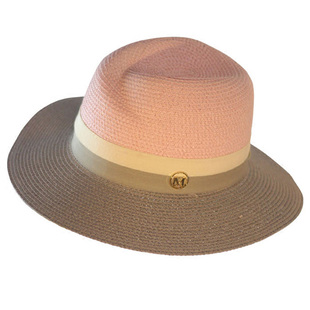 金色M宽檐爵士礼帽草帽粉色灰色拼色防晒遮阳帽子女夏天韩版