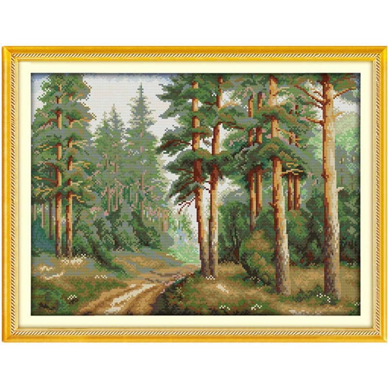 松树林十字绣林间小路有树的风景