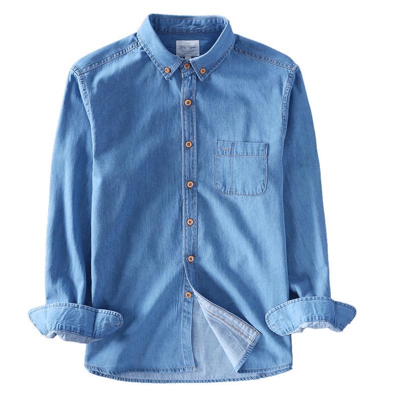 莎芭绮春秋牛仔衬衫男长袖欧美宽松水洗休闲上衣大码男装纯棉衬衣
