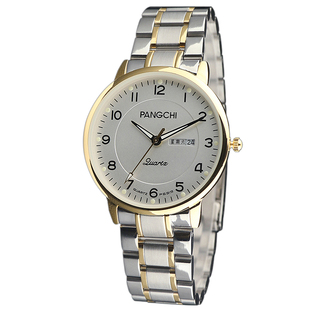 鹏志皮带表2035金属机芯女表 精准走时夜光男表 双日历真皮手表