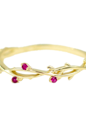 蔷薇枝花藤戒指天然红宝石女纯银