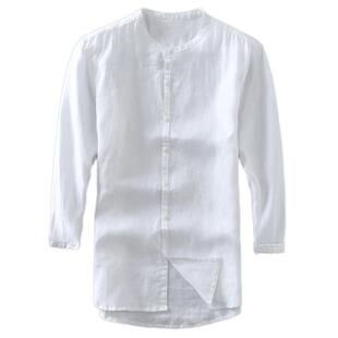 夏季薄款亚麻衬衫男七分袖 潮男修身棉麻衬衫男中袖立领麻料上衣7