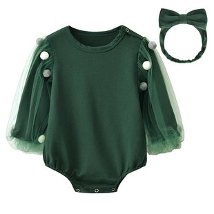 春装秋冬女宝宝婴儿长袖包屁衣全棉网纱裙三角哈衣发带爬服墨绿色