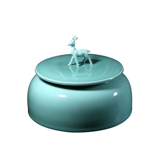吴国华手工龙泉青瓷茶叶罐中式摆件陶瓷鹿钮盖罐高端瓷茶具醒茶罐