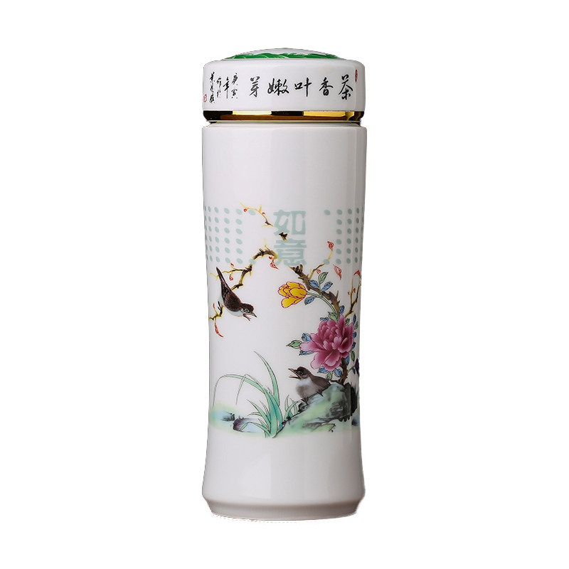 景德镇陶瓷保温杯青花瓷茶杯双层内胆带盖便携泡茶水杯车载礼品杯