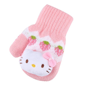 凯蒂猫儿童手套女宝宝小女孩加绒KT猫小童全包带挂绳保暖毛线手套
