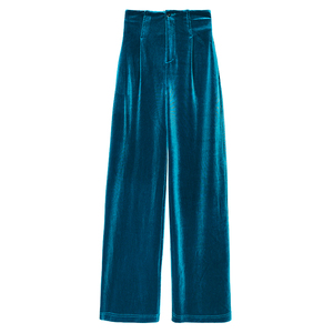 金丝绒阔腿裤女长裤子秋季新款孔雀蓝垂坠感拖地高腰直筒休闲长裤