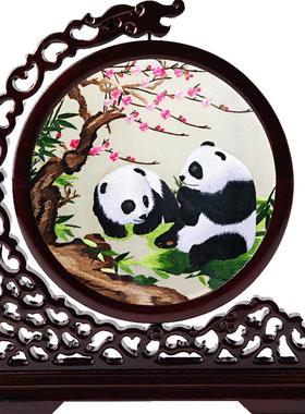 苏绣摆件双面绣摆台手工刺绣乔迁礼品苏绣屏风中国风熊猫送老外
