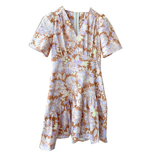 粉色V领大花连衣裙喇叭袖高腰收腰粉花朵印花显瘦复古气质女式裙