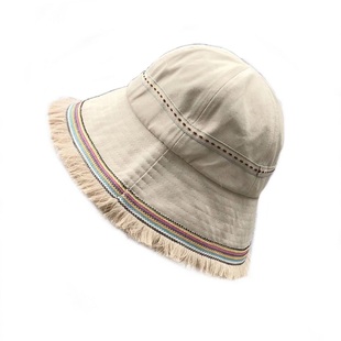 民族风流苏边渔夫帽男女新款百搭休闲大檐盆帽子夏季出游遮阳帽