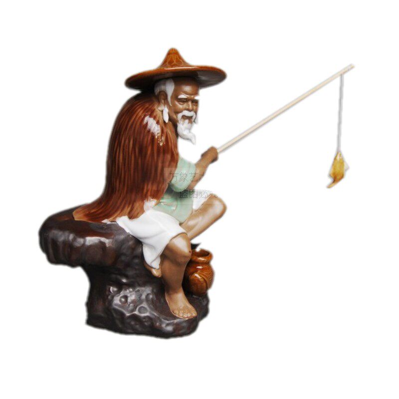 高21姜太公悠闲垂钓优雅陶瓷摆件别墅假山石山大型鱼池盆景配件