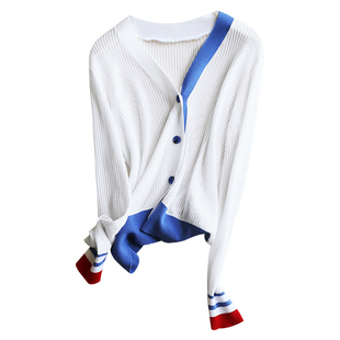 学院派系 减龄俏丽 隐透感坑条肌理V领撞色薄款冰麻针织开衫女 秋