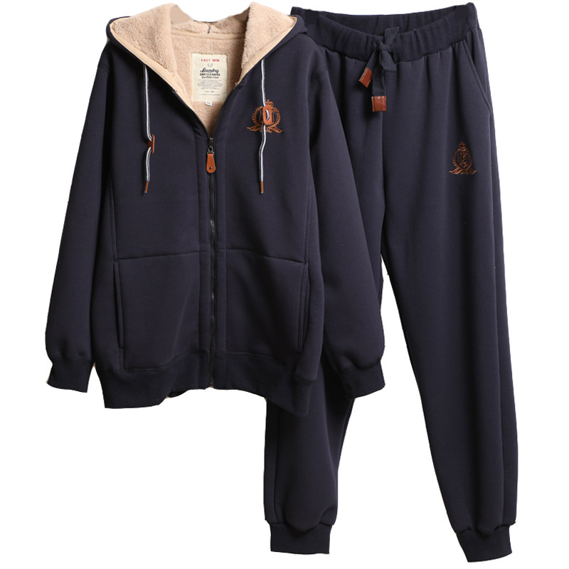 冬装羊羔绒纯棉运动套装男士休闲套装加绒加厚 男装两件套卫衣男