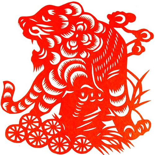 虎 动物红色绿色剪纸纯手工窗花装饰画成品剪花红纸中国特色 白虎