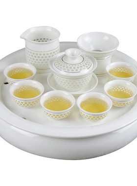 包邮纯白色镂空茶具茶盘茶海圆形