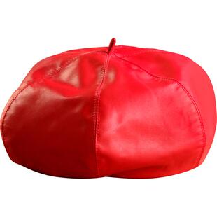 EE 春夏红色真皮帽子女 显脸小六角帽英伦时尚羊皮贝雷帽