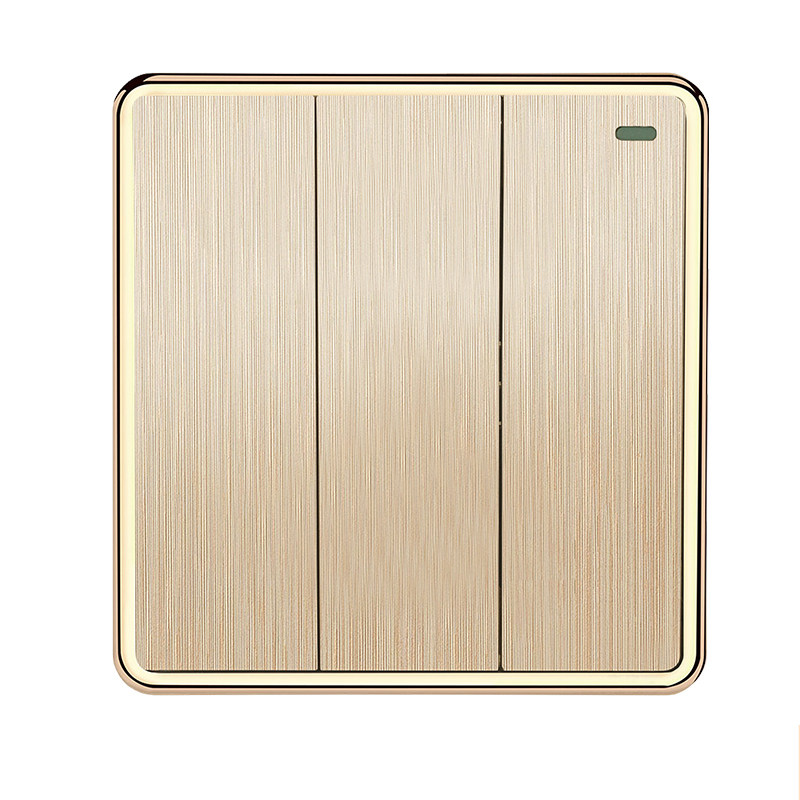 86型墙壁开关插座金色拉丝大板开关三开双控开关家用三位双联面板