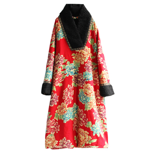 原创新款民族风棉麻冬季中长款宽松大码加厚棉衣棉袍外套女装