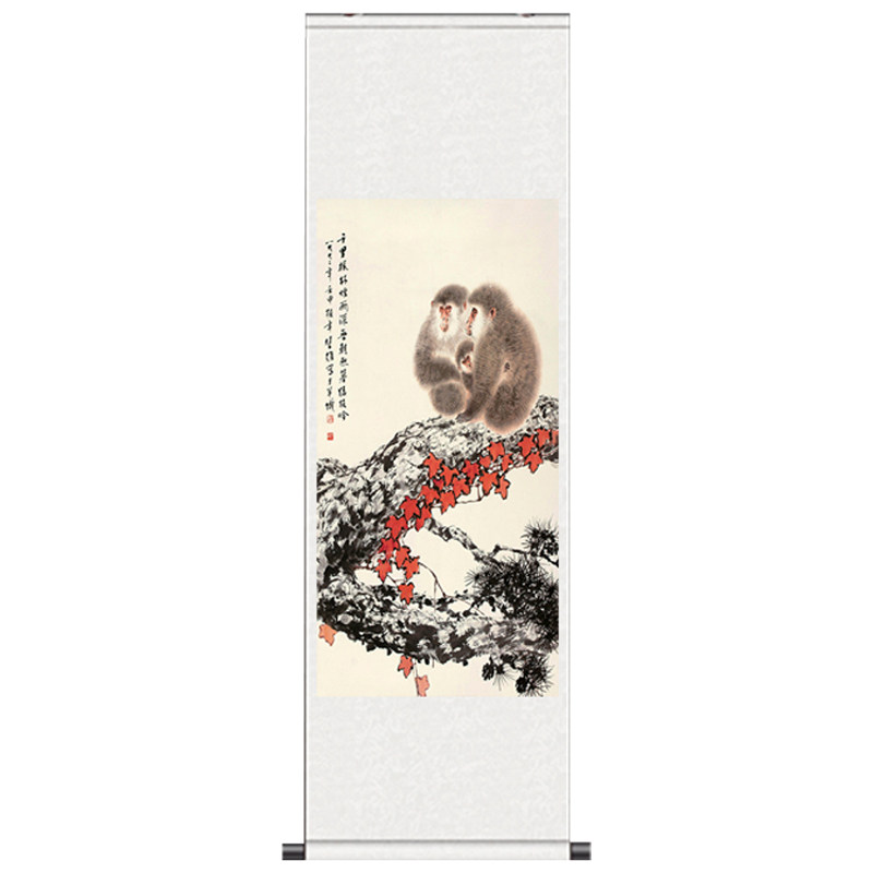 富贵吉祥双猴图国画玄关画装饰画风水丝绸画枫叶挂画好运花鸟卷轴