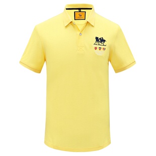 夏季短袖T恤男POLO衫高档刺绣潮珠地棉网眼体恤大码上衣服浅黄色