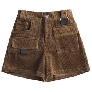 松紧腰灯芯绒工装裤短裤女2025秋冬新款高腰宽松a字阔腿外穿条绒