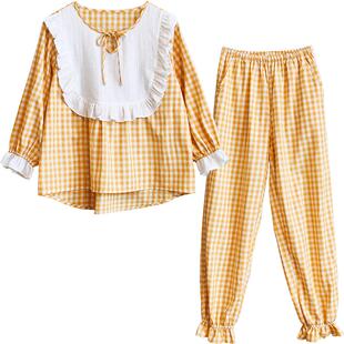 春秋睡衣女长袖纯棉情侣睡衣韩版家居服简约格子男士开衫全棉套装