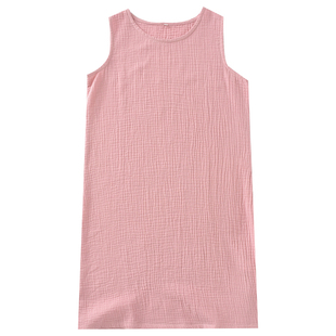 新品水洗纯棉纱布睡裙女式夏季薄款绉布无袖背心裙无印家居服睡衣