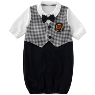 miyio婴儿春秋连体衣礼服全棉正装男宝宝满月衣服庆生爬爬服包邮