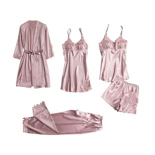 睡衣女夏季薄款冰丝五件套装性感吊带胸垫丝绸睡袍睡裙家居服春秋