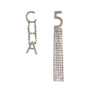 S925银针流苏耳饰潮汕水钻字母CHA数字5流苏长款不对称AB版耳钉女