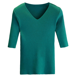 大码针织衫女短袖V领上衣胖mm半袖打底衫毛衣中袖修身200斤春夏秋
