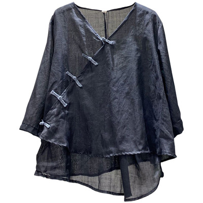 不规则清新减龄斜襟盘扣苎麻衬衣