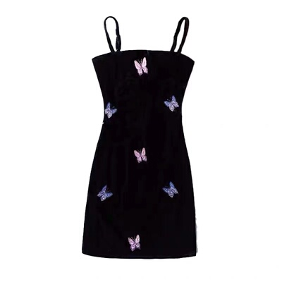 蝴蝶刺绣平口显胸弹性吊带连衣裙
