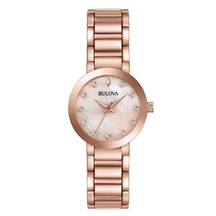代购Bulova宝路华手表女时尚玫瑰金镶钻简约贝母盘钢带手表97P132