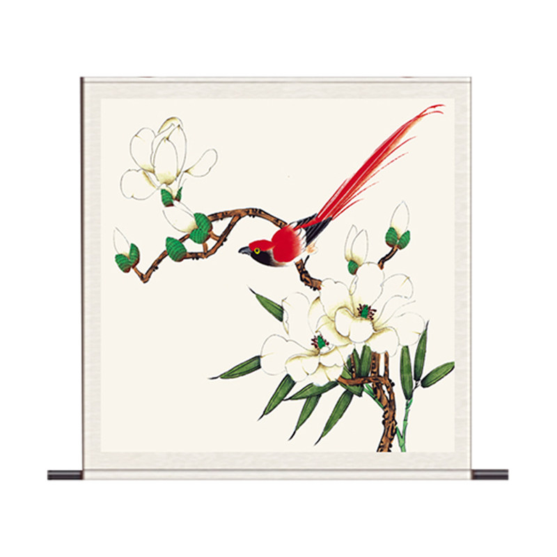 福乐图斗方挂画方形卷轴玉兰小鸟卧室装饰挂画国画客厅壁画已装裱