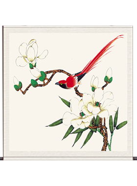 福乐图斗方挂画方形卷轴玉兰小鸟卧室装饰挂画国画客厅壁画已装裱