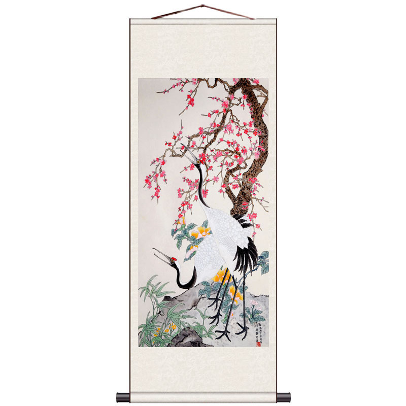 松鹤延年花鸟挂画卷轴画风水玄关装饰画定制字画丝绸画仙鹤图挂画