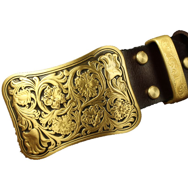 浮雕铜扣皮带头层牛皮男真皮复古皮带纯铜唐草花平滑扣青年腰带