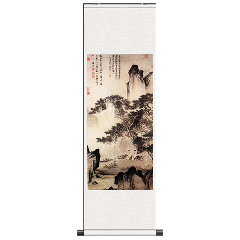 东篱赏菊 唐寅国画字画书房壁画包厢挂画唐伯虎山水画丝绸卷轴画