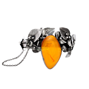 上层精灵的庭院∮装饰艺术时代天然蜜蜡老手工花叶纯银卡扣手镯