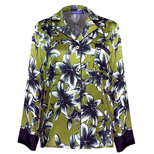 soie jardin3#黑百合桑蚕丝印花长袖阔腿开衩睡衣套装出街家居服