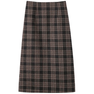 羊毛半身裙冬女中长款韩版复古格子毛呢a字裙高腰显瘦冬季裙子女