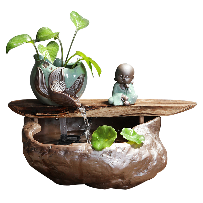 创意家居小型客厅鱼缸流水小沙弥摆件陶瓷喷泉桌面加湿器生日礼物