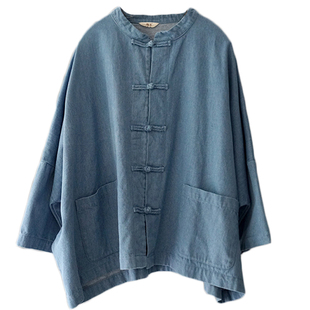 春中国风牛仔短外套女复古九分袖盘扣开衫立领宽松蝙蝠袖对襟上衣