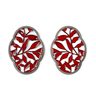 朗睦原创古典新中式珐琅树叶红色花窗耳饰