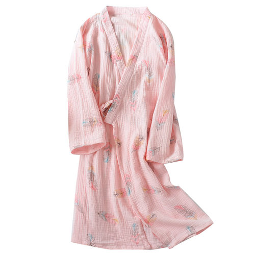 春秋日系纯棉和服睡衣女七分袖纱布浴袍女中长款家居服纱布睡袍女