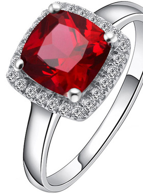 克拉925纯银白金方形红宝石戒指
