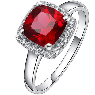 红宝石戒指克拉彩色宝石镶嵌925纯银镀18K白金方形珠宝指环女