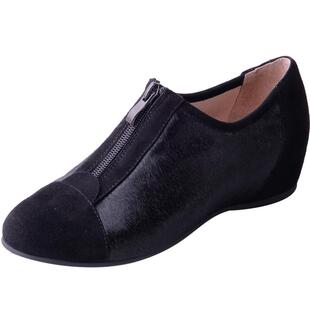 VDVC奶奶鞋胎牛皮毛内增高中跟前拉链软底坡跟舒适单鞋4cm女鞋子